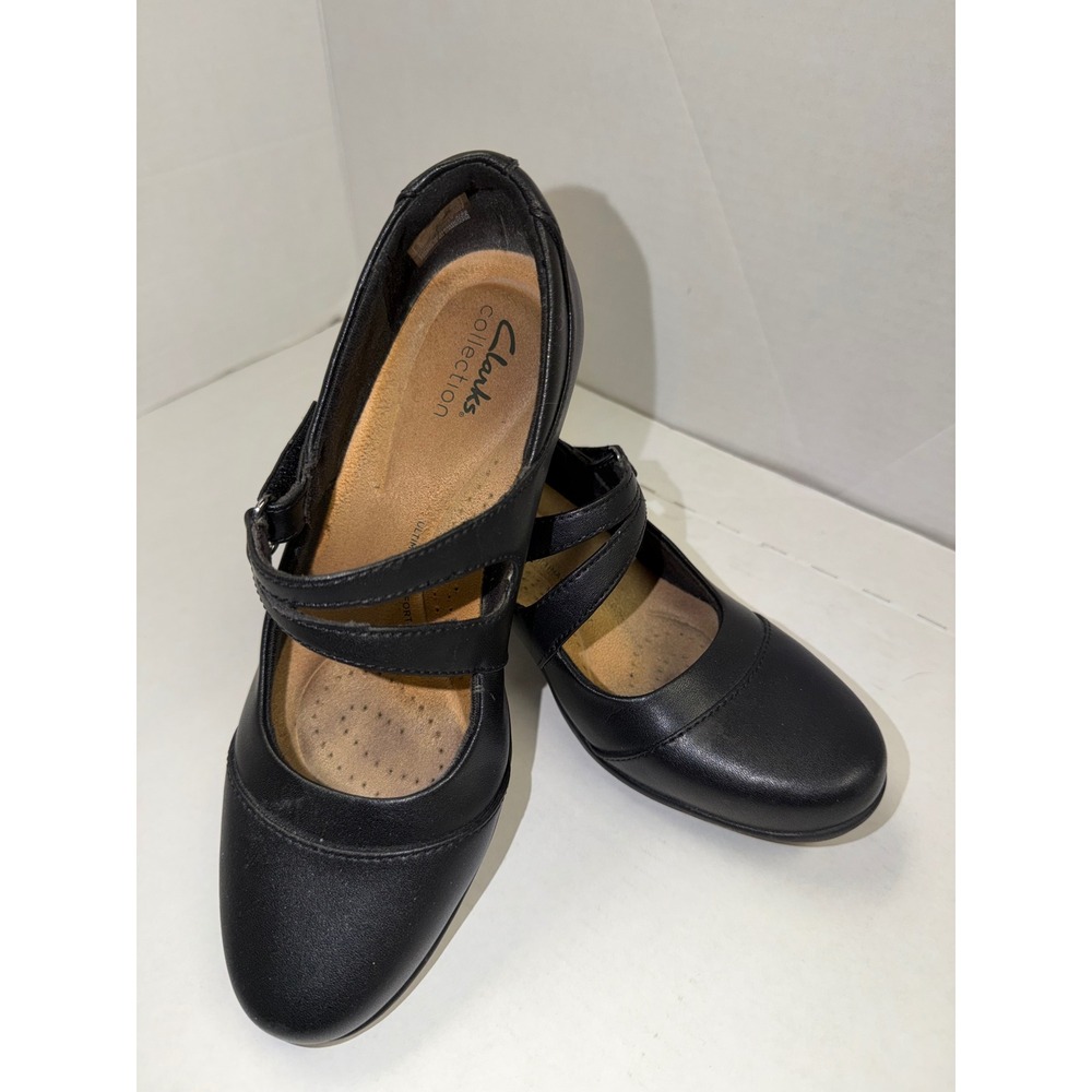 Clarks Collection Black Leather Mary Jane Wedge Pumps 7.5M work casual everyday